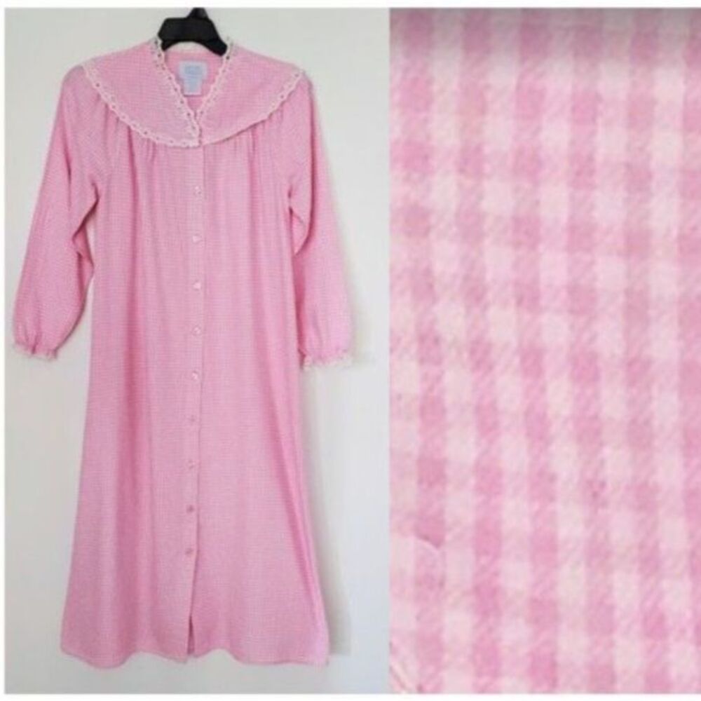 VNTG Ashley Taylor Pink Gingham Flannel Nightgown 100% Cotton Sz XS Cottagecore